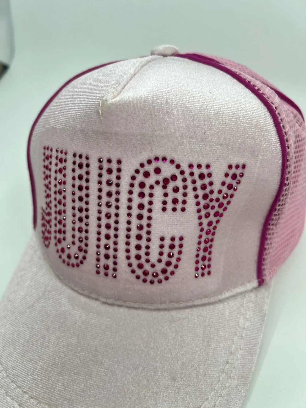 Juicy Couture Kid’s Baseball Cap Pink Velour with Jeweled Logo Trucker Mesh